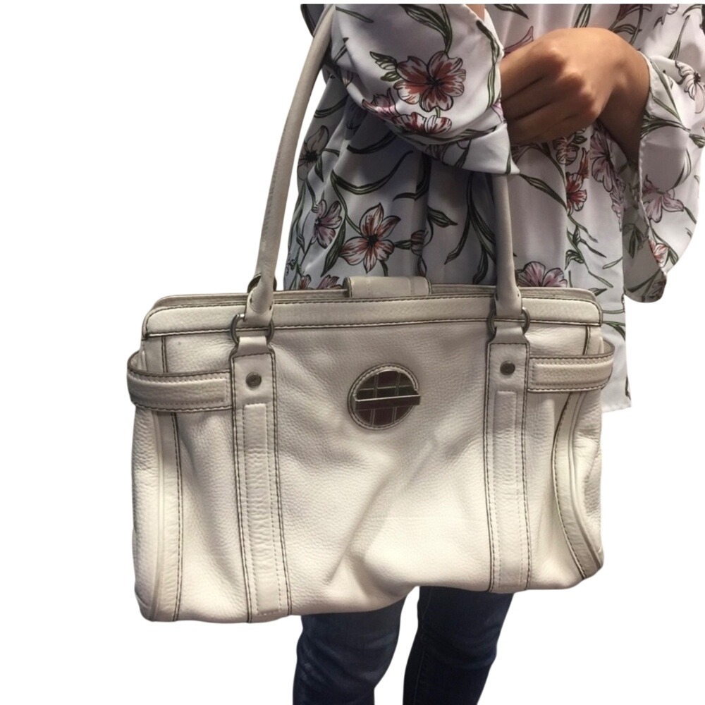 Michael Kors‎ White Leather Satchel Handbag with Silver Tone Hardware